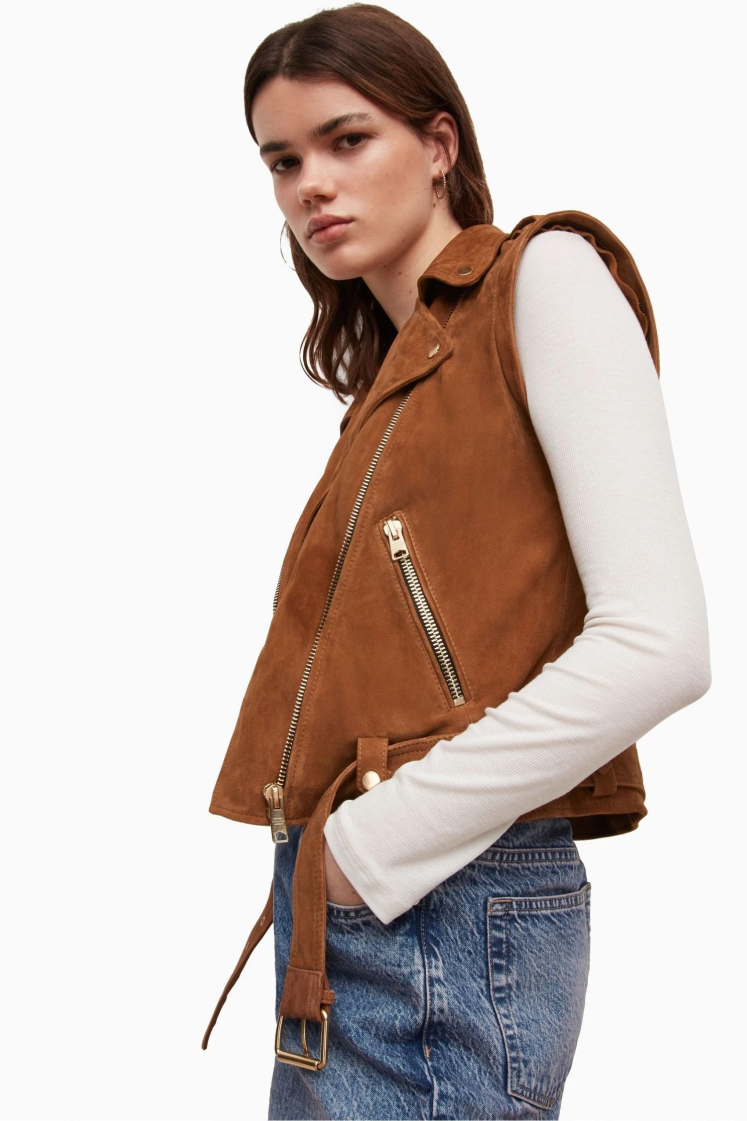 All Saints AllSaints Morgan Brown Suede Biker Jacket - Image 3