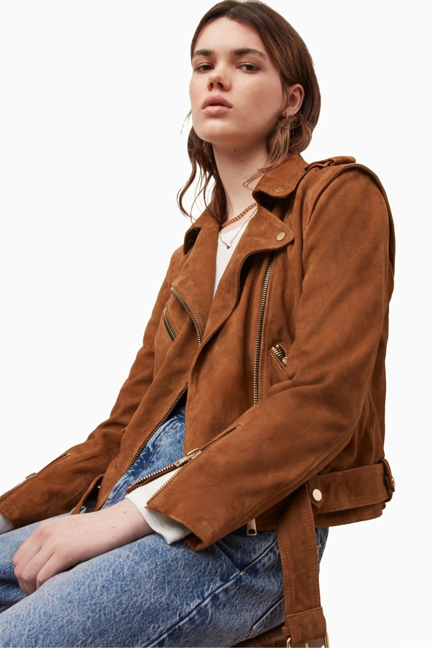 All Saints AllSaints Morgan Brown Suede Biker Jacket - Image 4