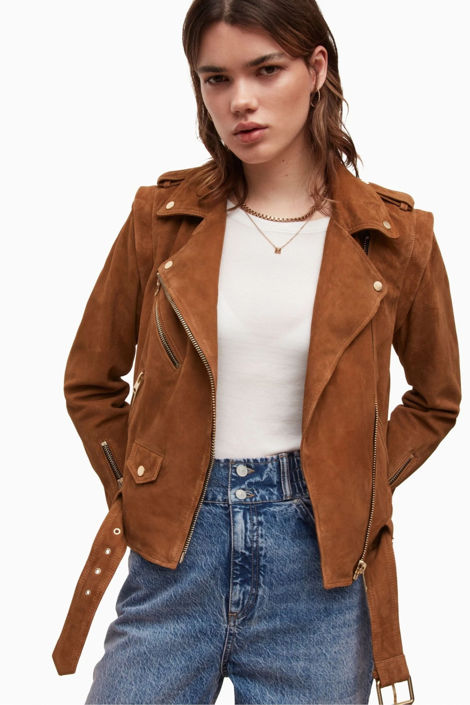 All Saints AllSaints Morgan Brown Suede Biker Jacket - Image 5