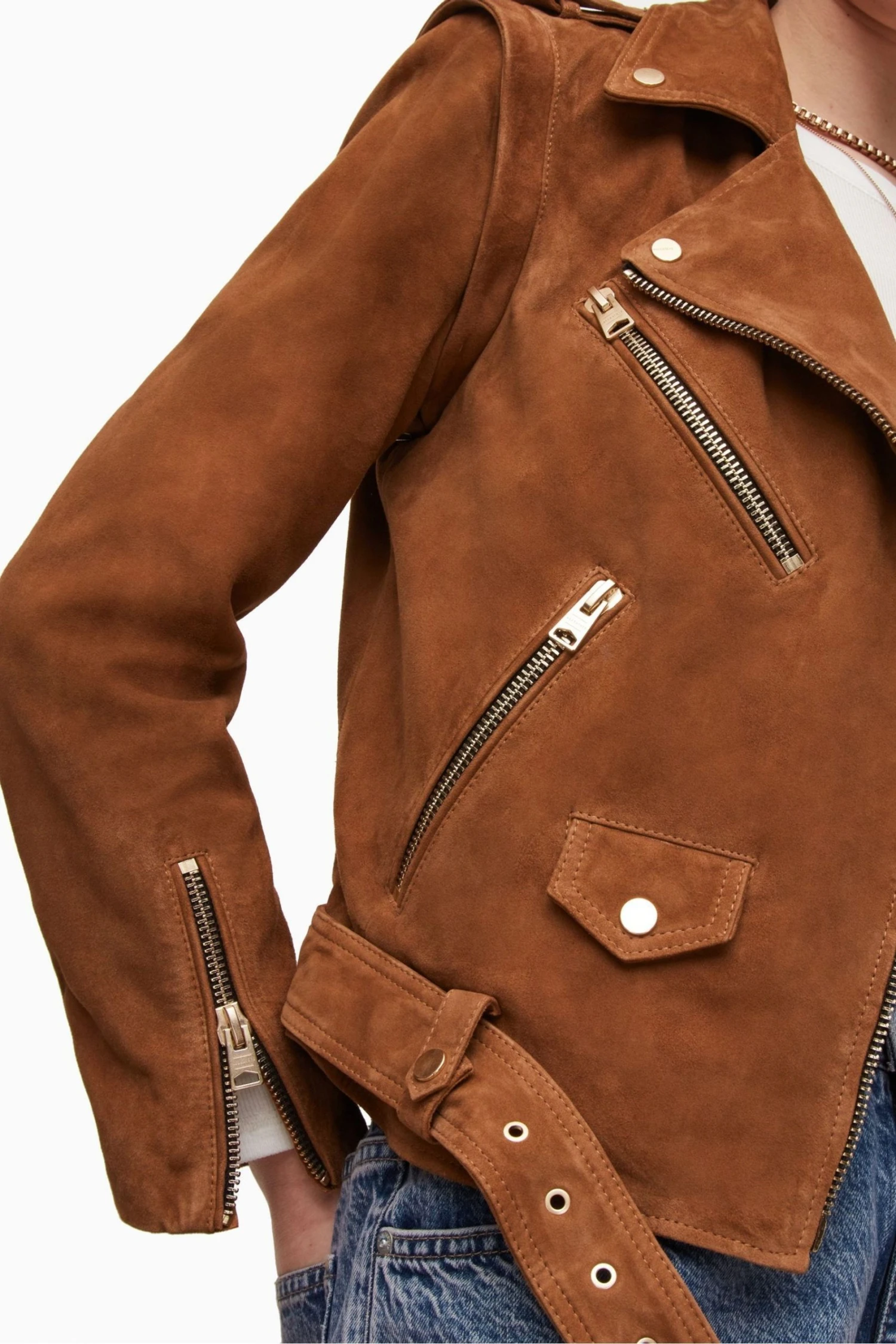 All Saints AllSaints Morgan Brown Suede Biker Jacket - Image 6