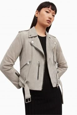 All Saints Womens Grey Suede Balfern Biker Jacket